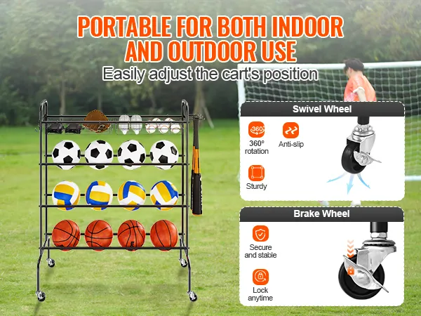 VEVOR basketbalrek met meerdere sportballen op het gazon, met zwenk- en remwielen.