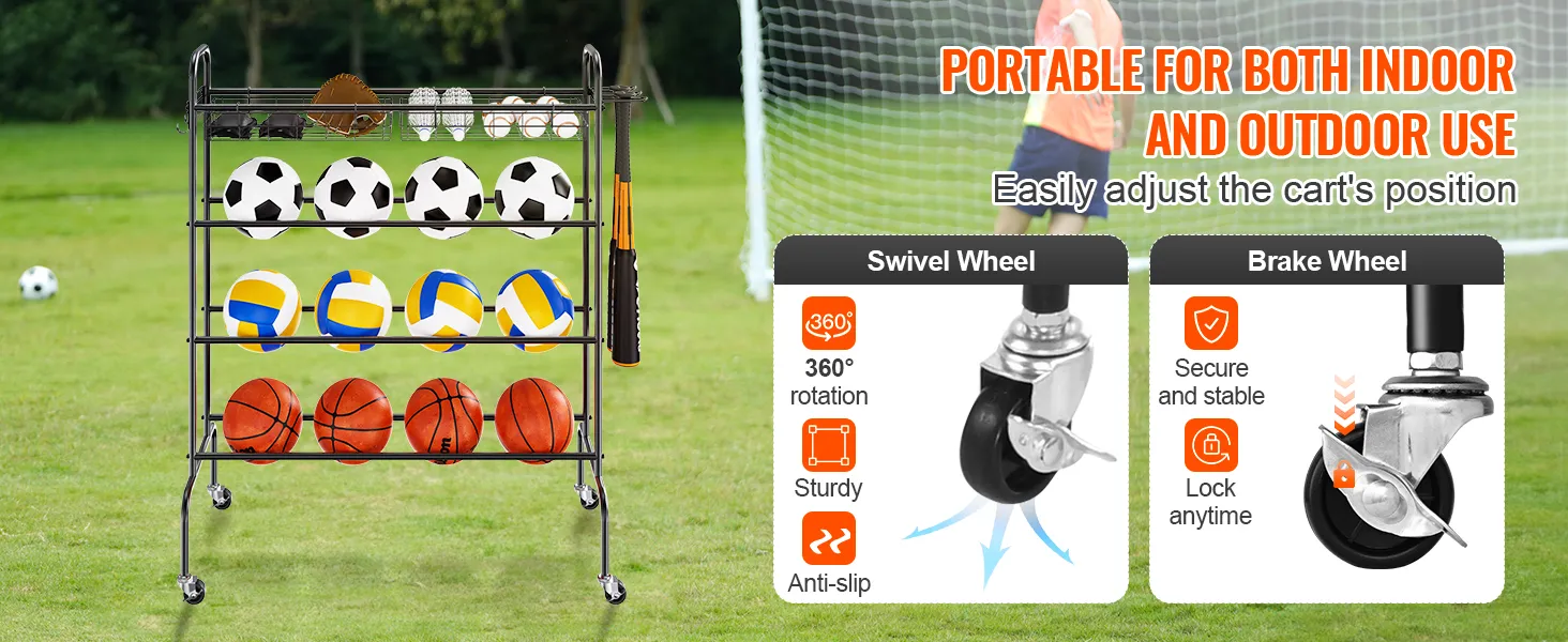 VEVOR basketbalrek met meerdere sportballen op het gazon, met zwenk- en remwielen.