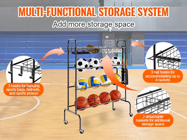VEVOR basketbalrek, multifunctioneel opbergsysteem met haken voor sporttassen, rackets en ballen.