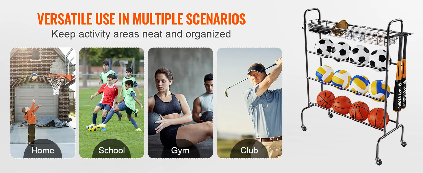 veelzijdig gebruik van het VEVOR basketbalrek voor thuis, op school, in de sportschool en bij clubs, om activiteitenruimtes georganiseerd te houden.