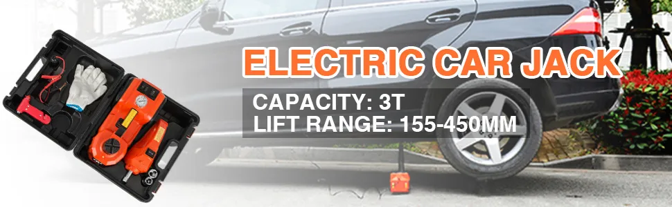 VEVOR electric car jack, capacity 3t, lift range 155-450mm, shown lifting a black car.