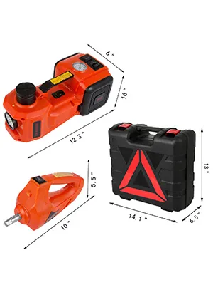VEVOR electric car jack with carrying case and dimensions marked. orange and black tool.