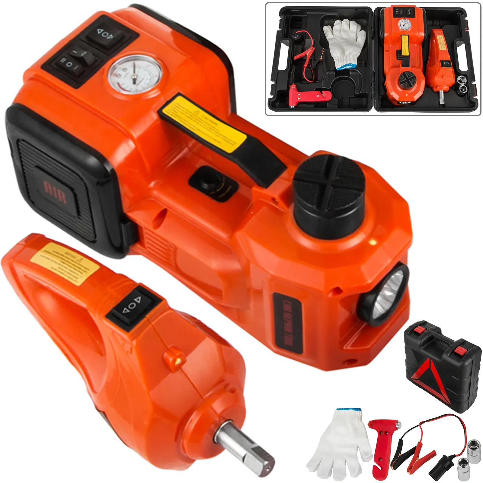 VEVOR electric car jack with accessories, including gloves and carrying case.