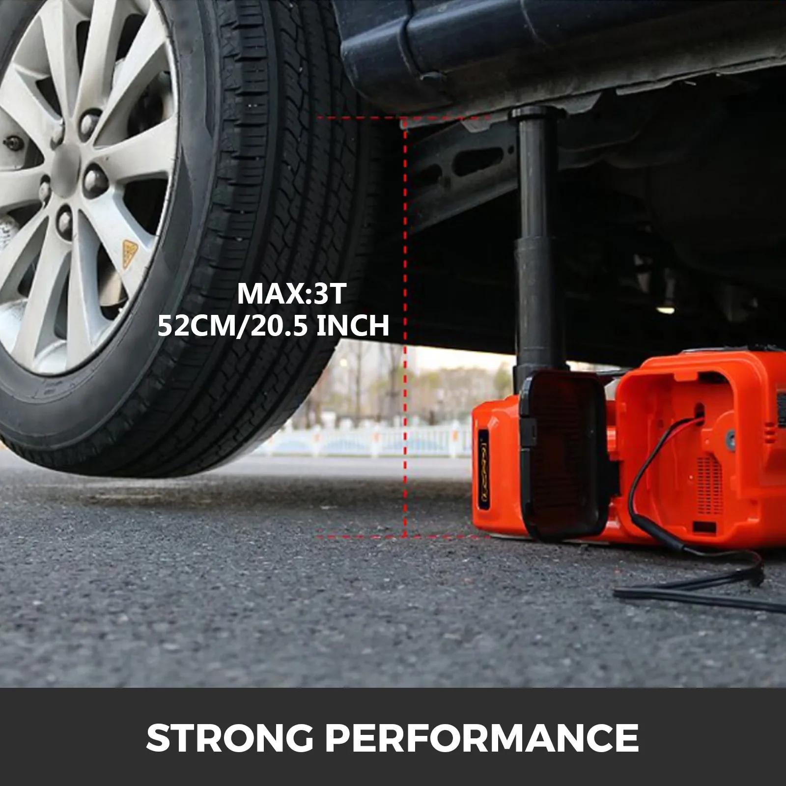 VEVOR electric car jack lifting vehicle with max load of 3t and 52cm height.