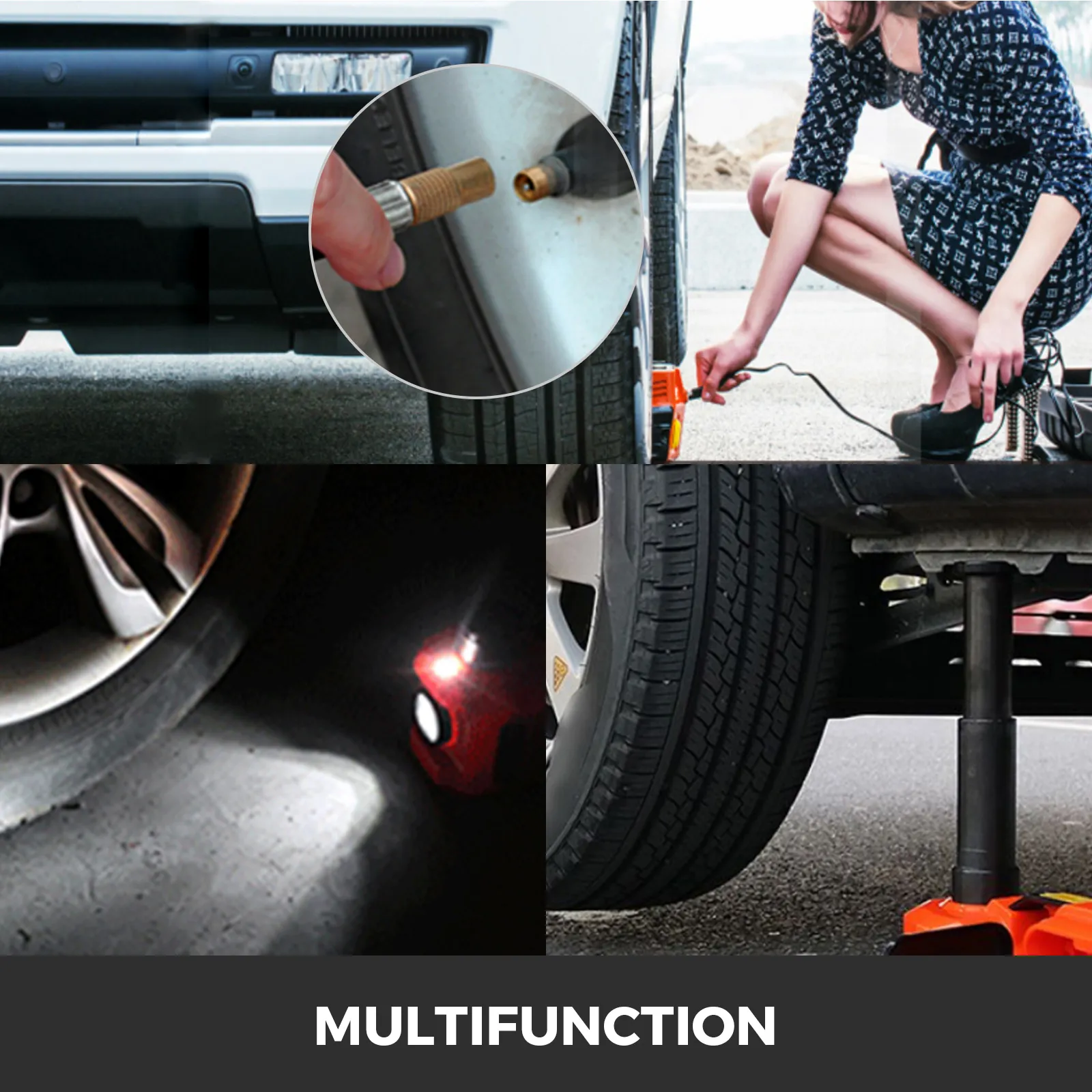 VEVOR electric car jack showcasing usage for tire inflation, lifting, and emergency lighting.