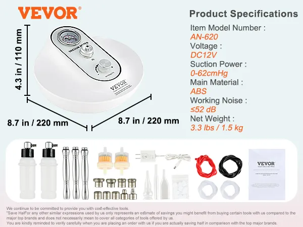 Especificaciones de la máquina de microdermoabrasión de diamante VEVOR: 12 V CC, AN-620, 3 varillas de diamante, 9 puntas, 8,7" x 8,7" x 4,3".