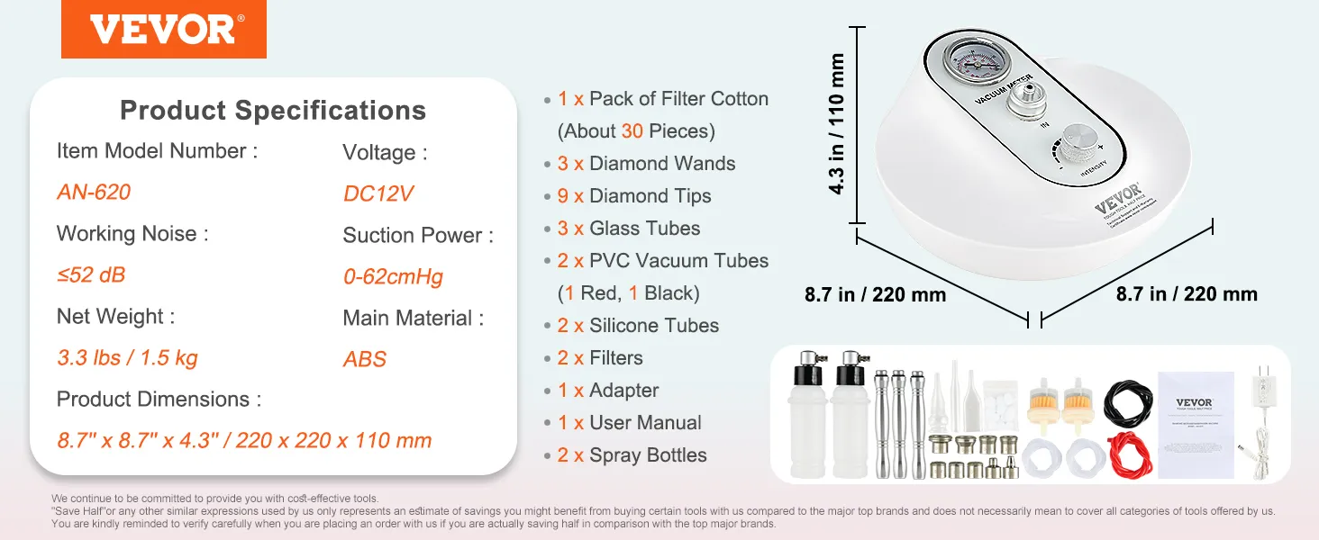 Especificaciones de la máquina de microdermoabrasión de diamante VEVOR: 12 V CC, AN-620, 3 varillas de diamante, 9 puntas, 8,7" x 8,7" x 4,3".