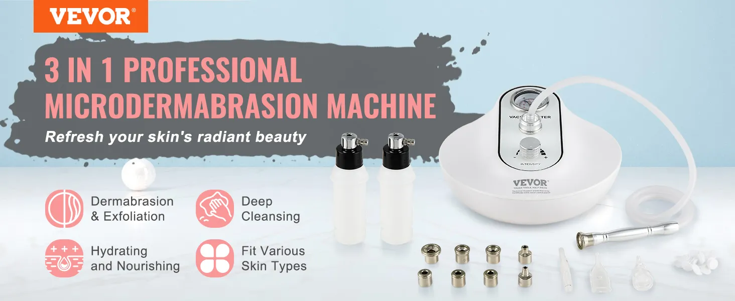 Máquina de microdermoabrasión de diamante VEVOR, kit 3 en 1 con accesorios para exfoliación y cuidado de la piel.