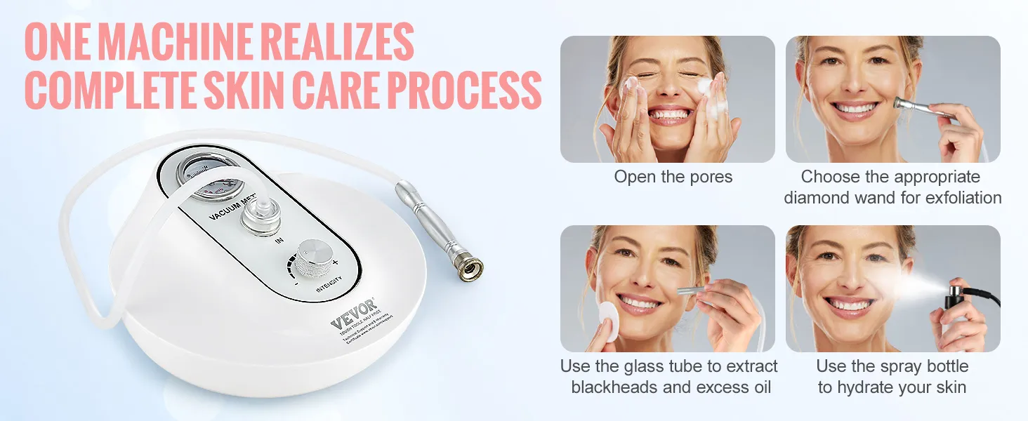 Máquina de microdermoabrasión de diamante VEVOR para un proceso completo de cuidado de la piel con exfoliación e hidratación.