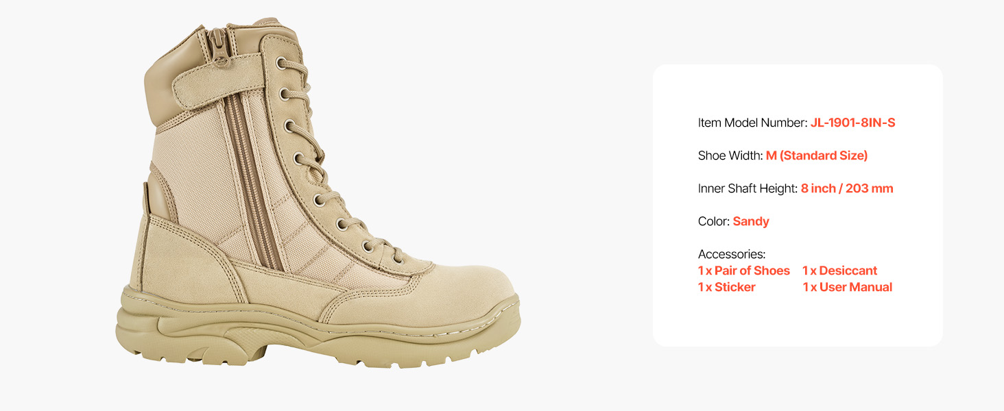 Men's Military Tactical Boots 8 Inch Sand-color Side Zipper