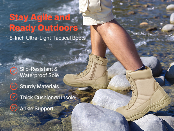 Men's Military Tactical Boots 8 Inch Sand-color Side Zipper
