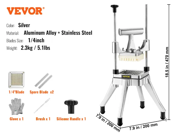 VEVOR commercial vegetable chopper, silver, aluminum alloy & stainless steel, 1/4" blades, 2.3kg.