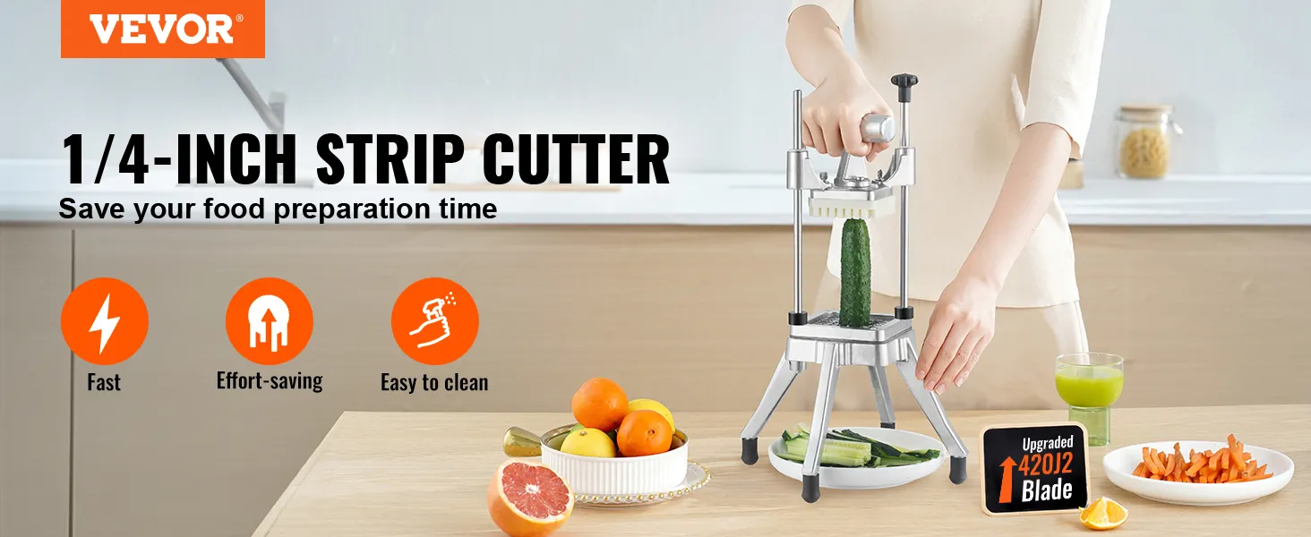 VEVOR commercial vegetable chopper cutting cucumber, surrounded by fresh fruits and sliced vegetables.