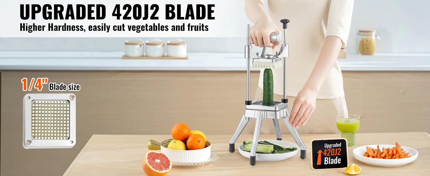 VEVOR commercial vegetable chopper with upgraded 420j2 blade and 1/4" blade size for easy cutting.
