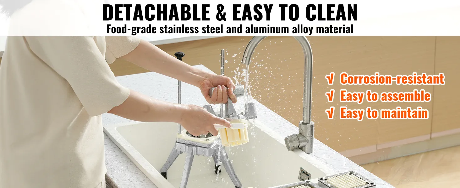 hands washing VEVOR commercial vegetable chopper parts under a kitchen faucet, emphasizing easy cleaning.