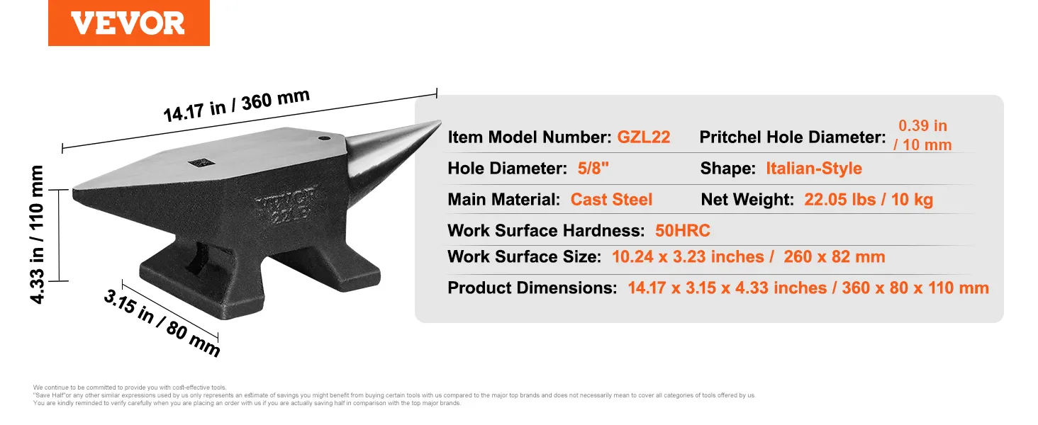 VEVOR single horn anvil, 22.05 lbs italian-style cast steel, 14.17 x 3.15 x 4.33 in, gzl22 model.