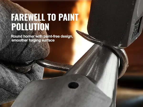 blacksmith forging with a VEVOR single horn anvil near a fire, promoting paint-free design.