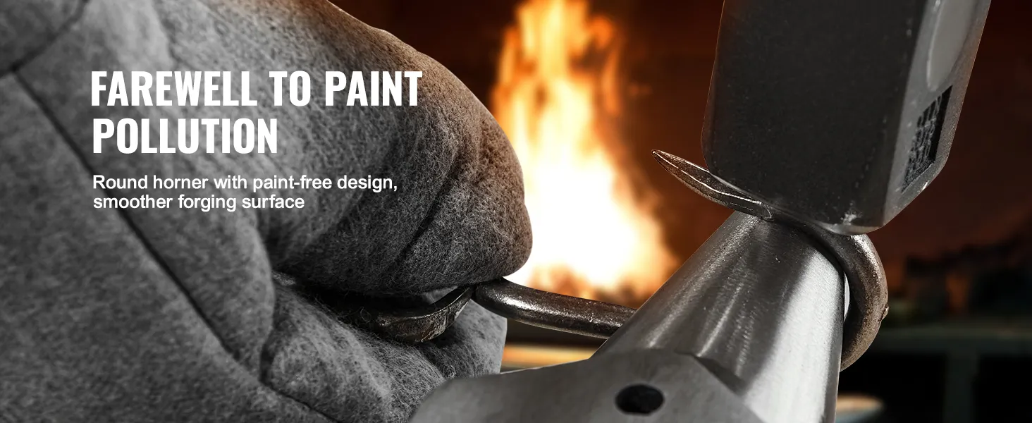 blacksmith forging with a VEVOR single horn anvil near a fire, promoting paint-free design.
