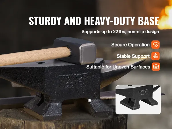 VEVOR single horn anvil with hammer on sturdy base, supports 22 lbs, non-slip, for uneven surfaces.