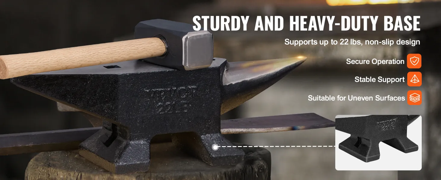 VEVOR single horn anvil with hammer on sturdy base, supports 22 lbs, non-slip, for uneven surfaces.