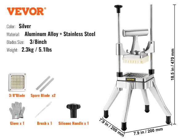 VEVOR vegetable chopper with aluminum alloy and stainless steel, 3/8 inch blades, 18.5 inches tall.