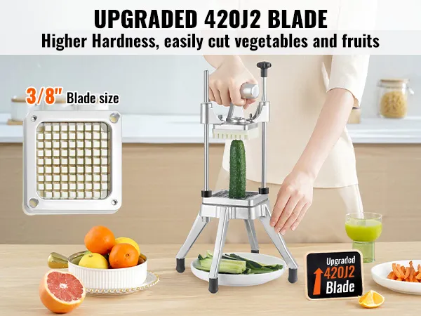 VEVOR vegetable chopper with upgraded 420j2 blade, cutting a cucumber. blade size: 3/8".