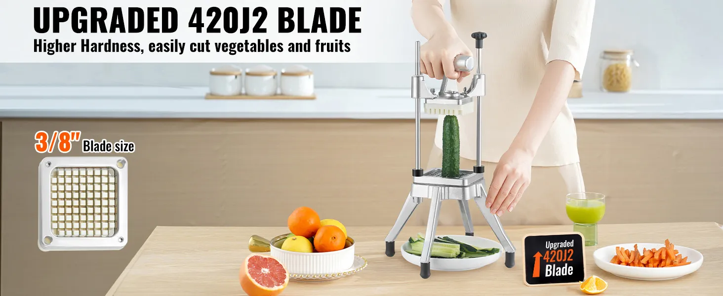 VEVOR vegetable chopper with upgraded 420j2 blade, cutting a cucumber. blade size: 3/8".
