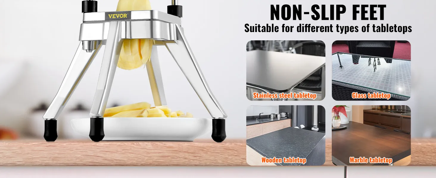 VEVOR vegetable chopper with non-slip feet slicing potatoes, suitable for various tabletops.