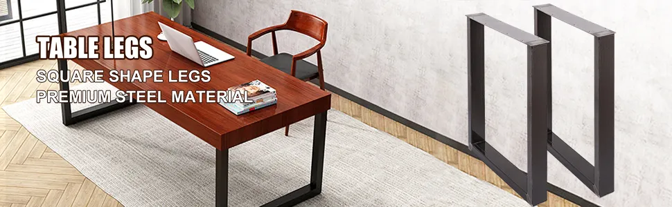 VEVOR steel table legs in a modern workspace with wooden desk and chair.
