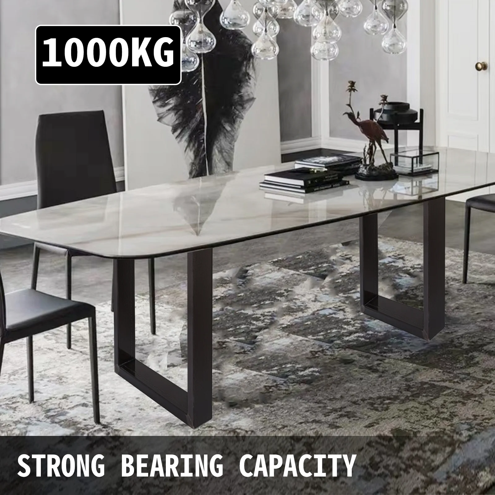 modern dining table with a glass top, VEVOR steel table legs, and 1000kg capacity.