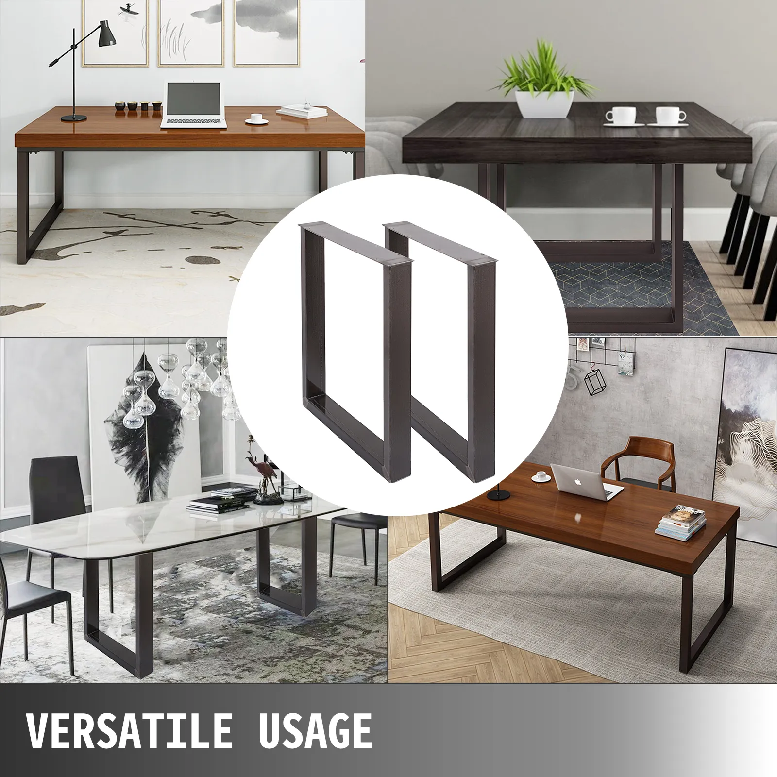 VEVOR steel table legs supporting various modern desks in different settings.