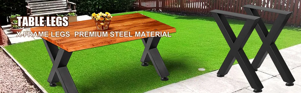 VEVOR-Tischbeine aus Stahl mit X-Rahmen-Design stützen die Holztischplatte auf Gras.