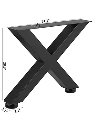 schwarze VEVOR-Tischbeine aus Stahl in X-Form mit Maßangaben.