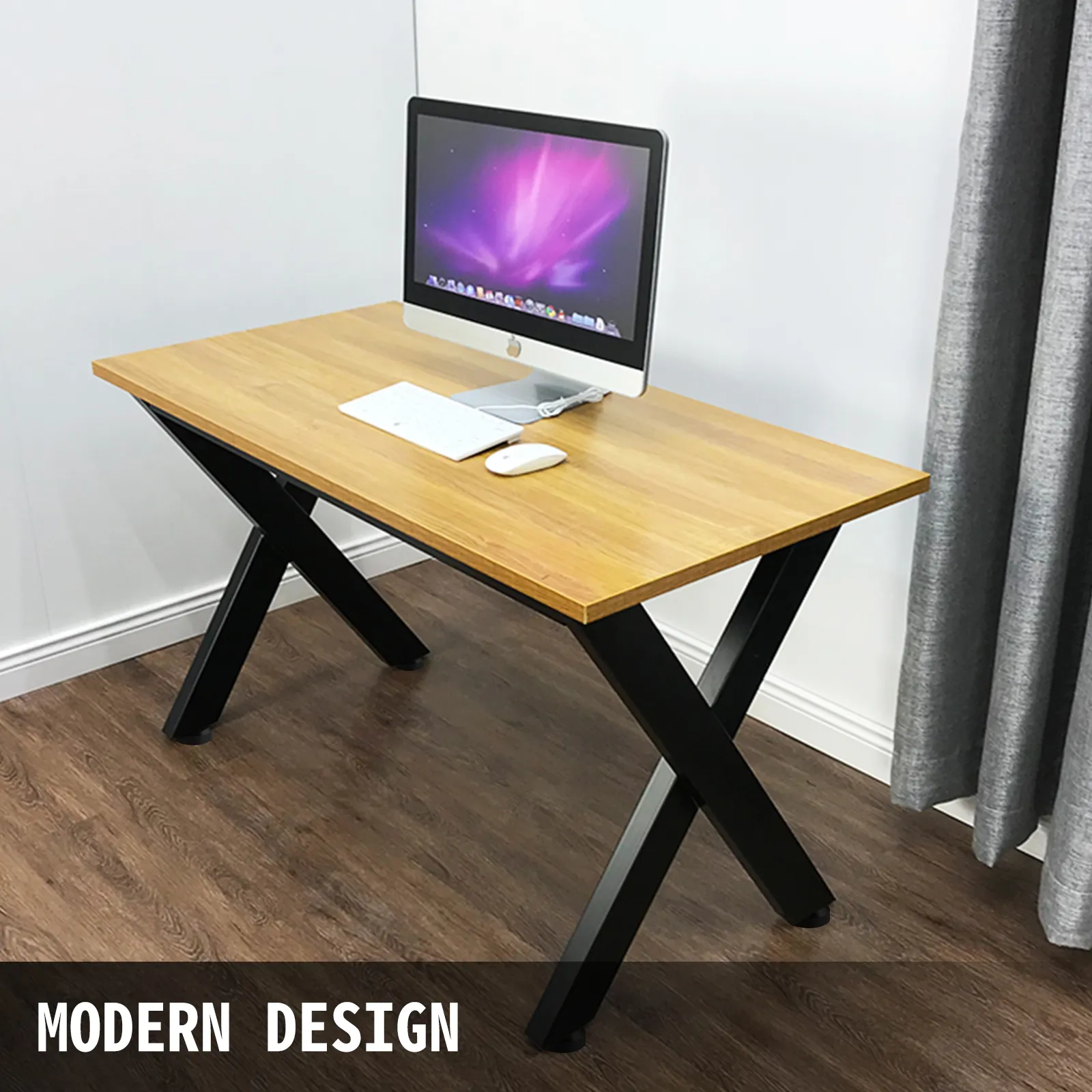 moderner Schreibtisch mit Holzplatte und Tischbeinen aus VEVOR-Stahl, ausgestattet mit einem iMac-Setup.