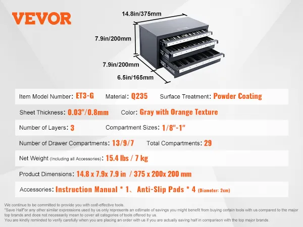 VEVOR end mill dispenser cabinet, 3 layers, 29 compartments, gray with orange texture, 14.8 x 7.9 x 7.9 in.