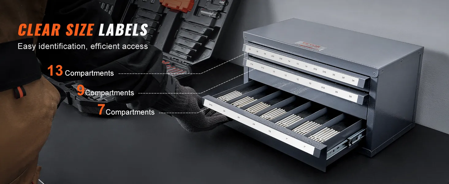 VEVOR end mill dispenser cabinet with clear size labels and multiple compartments for organized storage.