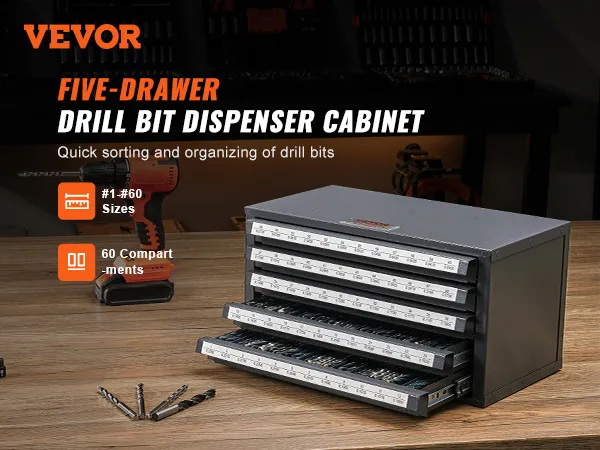 VEVOR drill bit dispenser cabinet with five drawers for quick sorting and organizing drill bits.