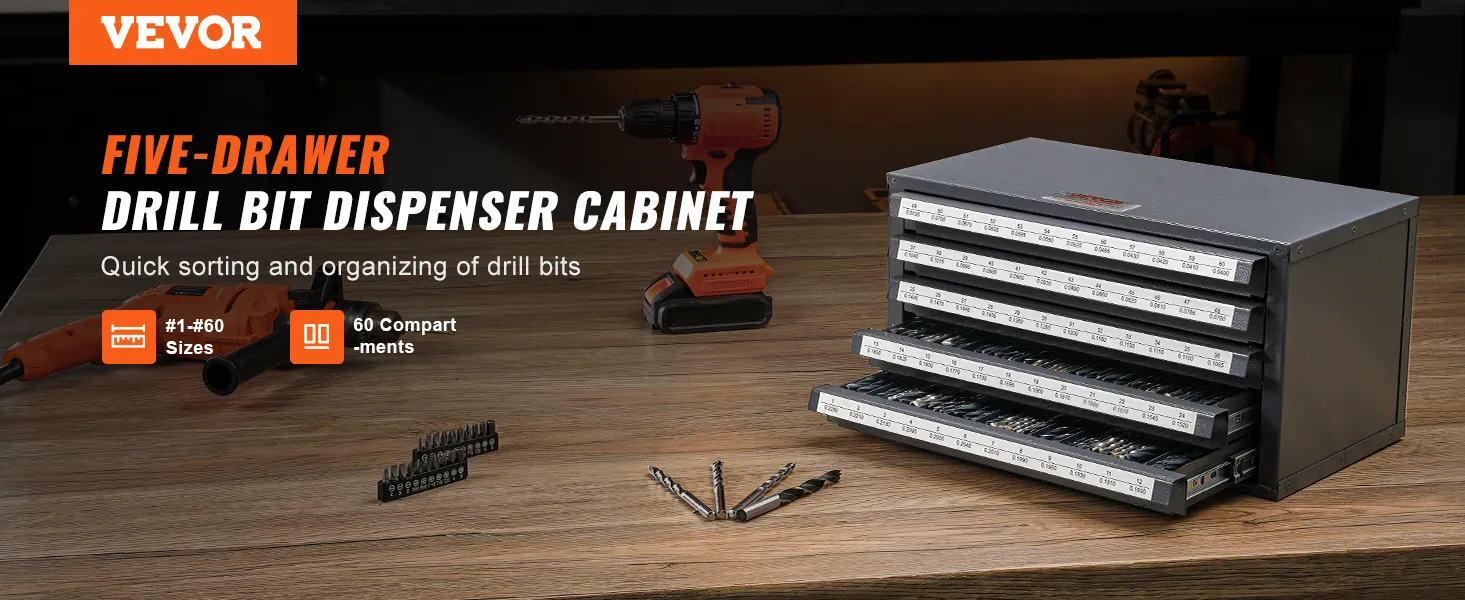 VEVOR drill bit dispenser cabinet with five drawers for quick sorting and organizing drill bits.