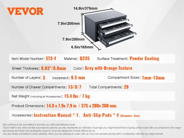 VEVOR drill bit organizer with 3-layer, 29 compartments, powder coating, 14.8x7.9x7.9 in, gray with orange.