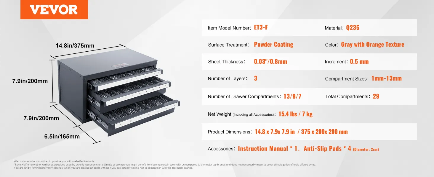 VEVOR drill bit organizer with 3-layer, 29 compartments, powder coating, 14.8x7.9x7.9 in, gray with orange.