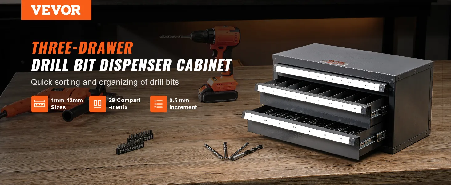 VEVOR drill bit organizer with three-drawer cabinet for sorting and storing drill bits.