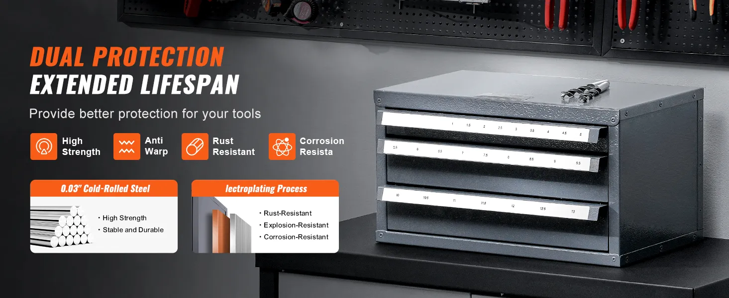 VEVOR drill bit organizer: durable steel, corrosion-resistant storage for drill bits in a workshop setting.