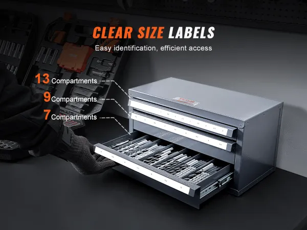 VEVOR drill bit organizer with 13, 9, and 7 labeled compartments, featuring clear size labels for easy access.