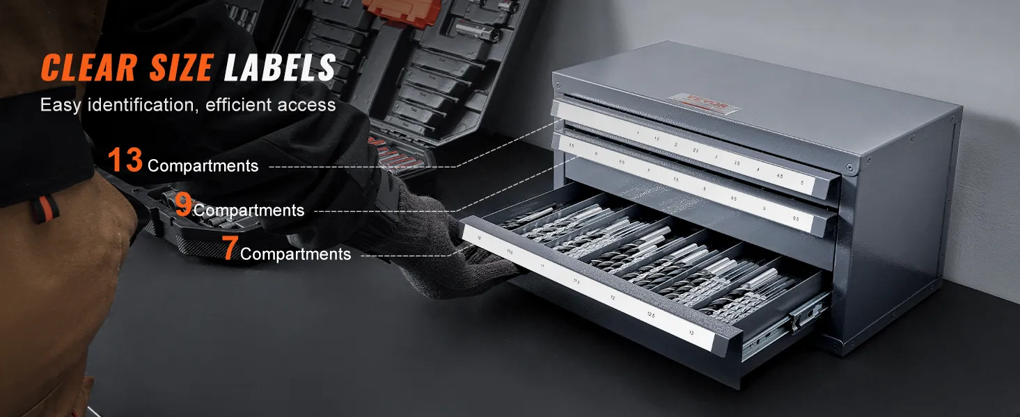 VEVOR drill bit organizer with 13, 9, and 7 labeled compartments, featuring clear size labels for easy access.