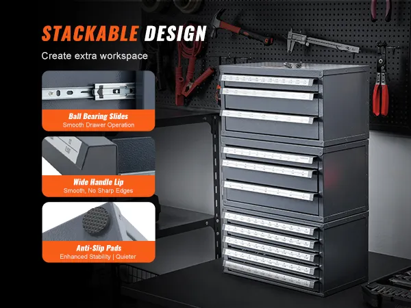 stackable VEVOR drill bit organizer with anti-slip pads, wide handle lip, and ball bearing slides.