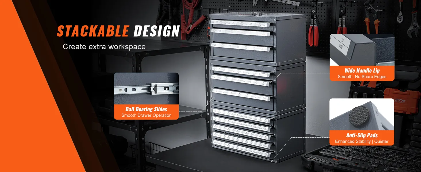 stackable VEVOR drill bit organizer with anti-slip pads, wide handle lip, and ball bearing slides.