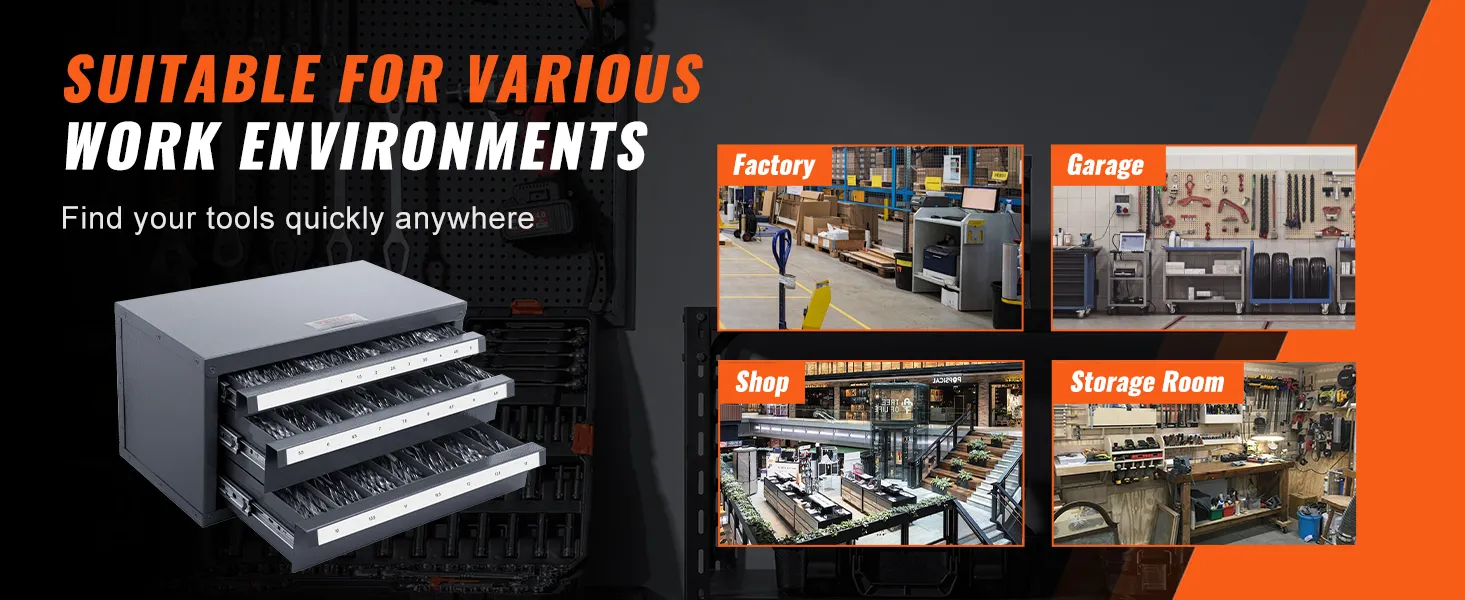 VEVOR drill bit organizer with open drawers, suitable for factory, garage, shop, and storage room.