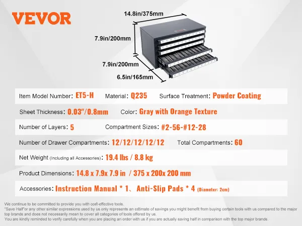 VEVOR tap dispenser cabinet, gray with orange texture, 5 layers, 60 compartments, compact dimensions.