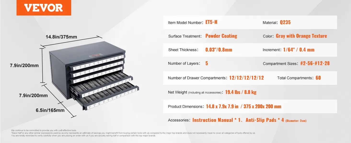 VEVOR tap dispenser cabinet, gray with orange texture, 5 layers, 60 compartments, compact dimensions.