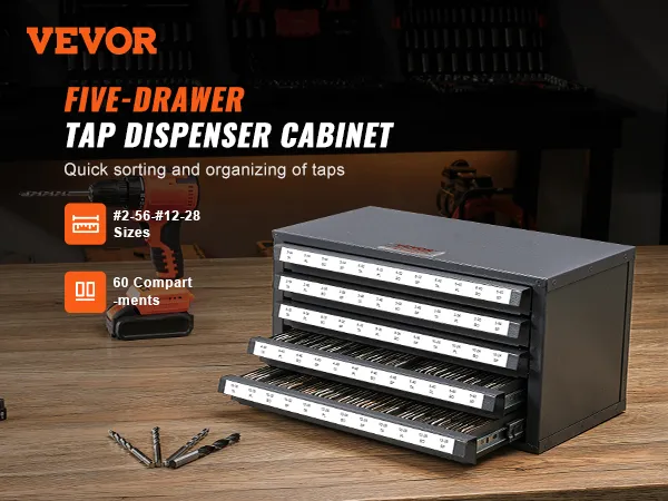 VEVOR tap dispenser cabinet with five drawers, and tap sizes displayed; orange drill in the background.
